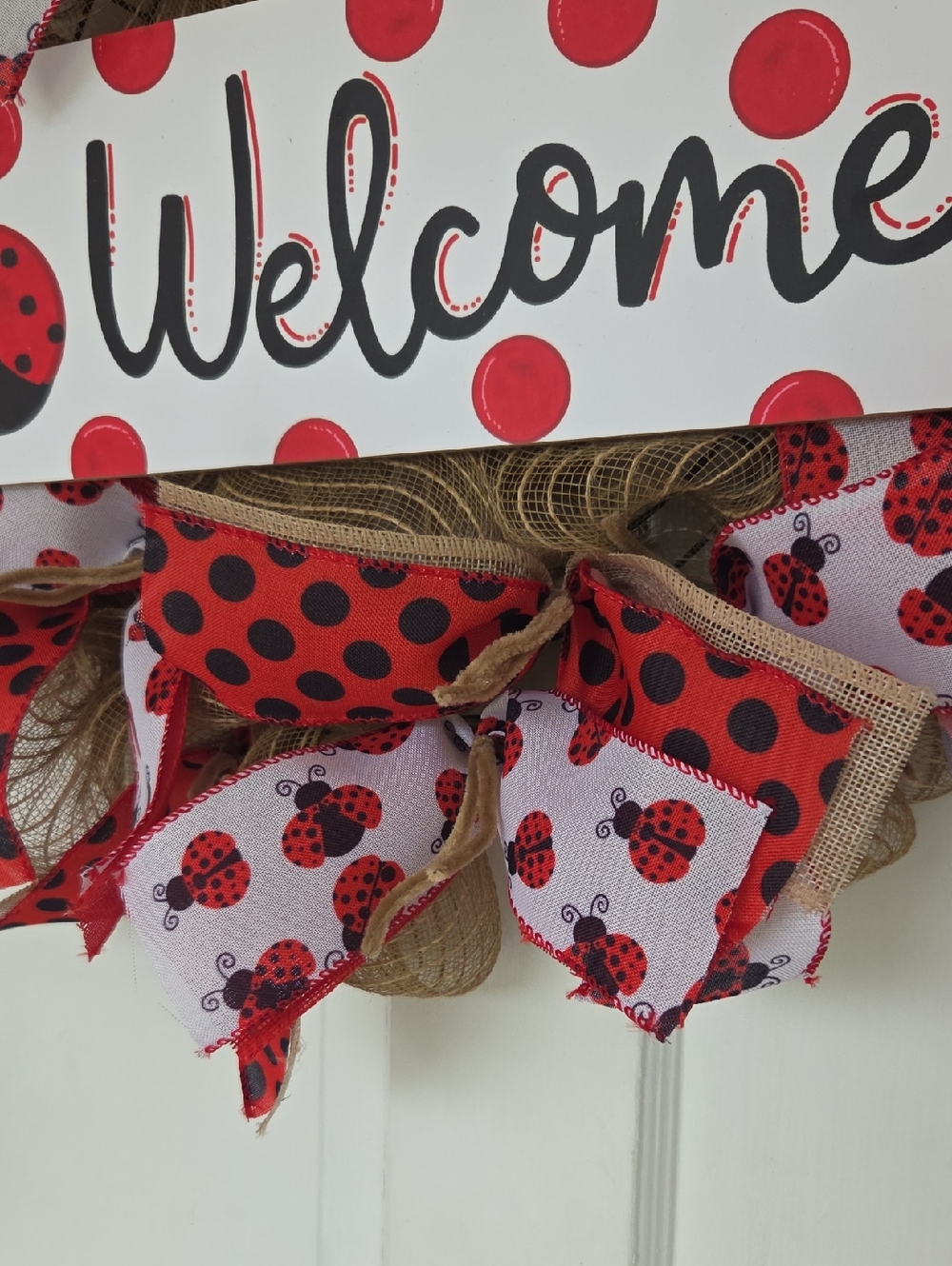 Welcome Ladybug Wreath Burlap Farmhouse Wreath Summer Wreath Ladybug Door Decor - Picture 6 of 8